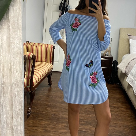 Striped Embroidered Off the Shoulder Dress - Picture 2 of 5